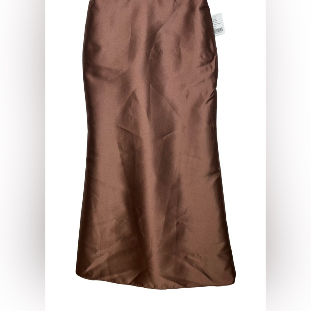 NWT Alfred Sung Deep V-Back Satin Trumpet Dress, One-Shoulder Bow in Cognac, 12R - Picture 9 of 16